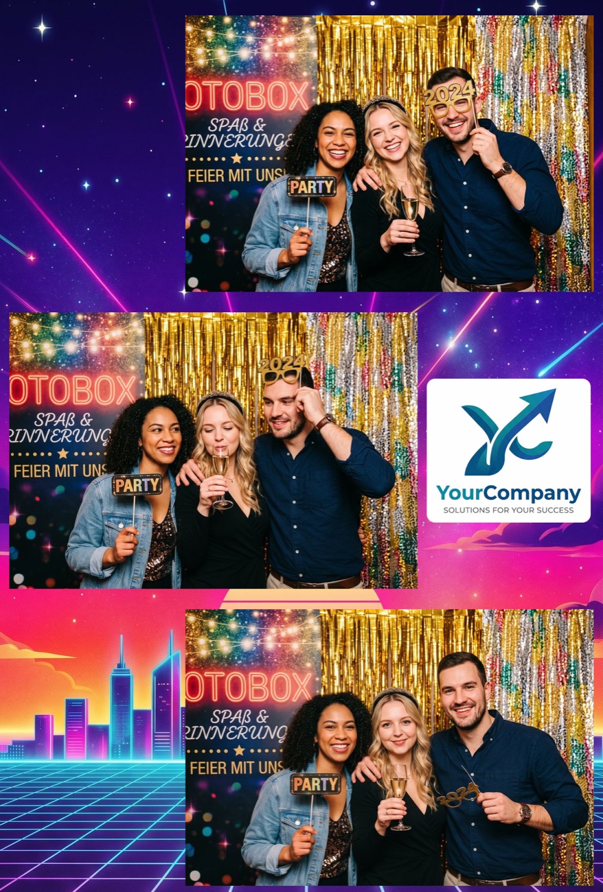 Sample print in portrait format: a three-photo collage of the same group with a company logo in the open panel
