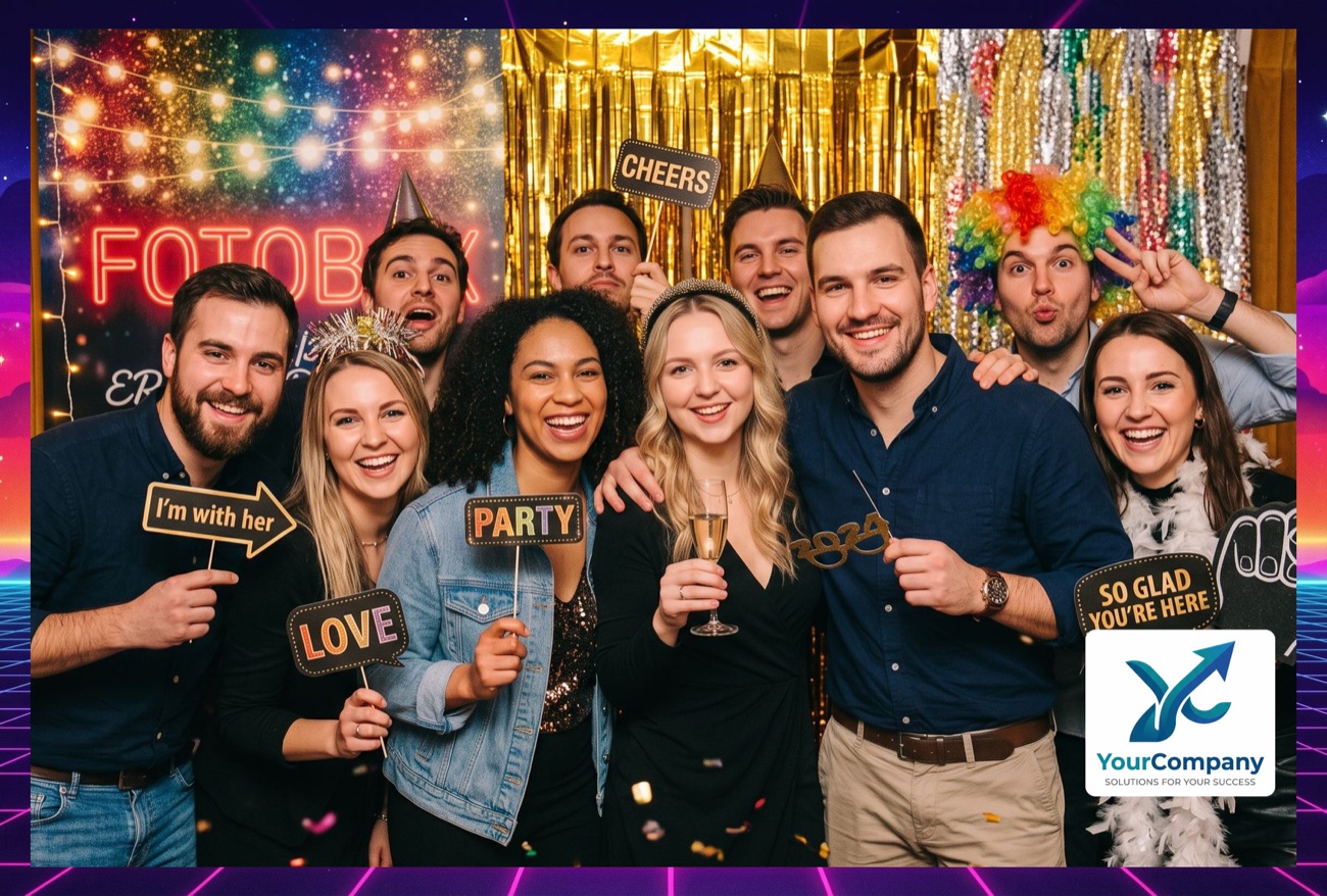 Sample print in landscape format: a group of people celebrating with props in front of a gold backdrop, framed by a neon design, with a company logo in the lower right