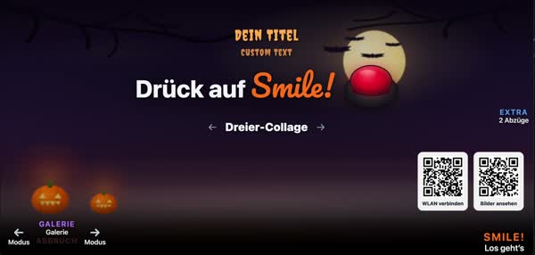 Start screen in the Halloween design: pumpkins, bare branches and a full moon